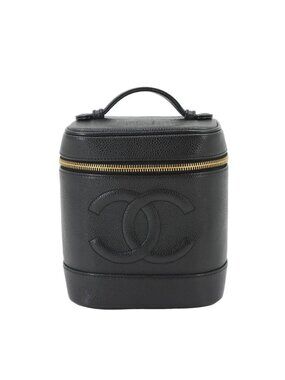 Chanel Vanity Hand Bag Caviar Leather Black CC Logo Gold Bag